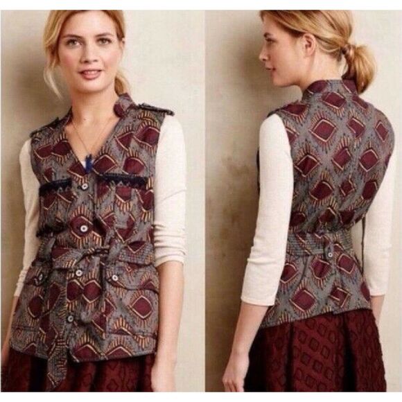 Anthropologie Elevenses Geo Safari Vest Geometric Linen Blend Women's S - Picture 3 of 11